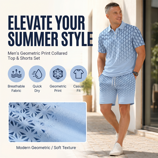 👕 Męski zestaw – koszulka z kołnierzykiem + spodenki – 50% ZNIŻKI!🌊 OFERTA LIMITOWANA!Geometryczny nadruk, oddychająca tkanina, nowoczesny i spójny look – idealny na lato, plażę i codzienne wyjścia.Lekki, wygodny i stylowy.💪✨