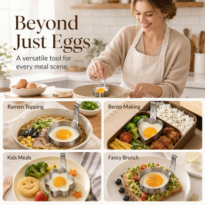 🍳 OGRANICZONA OFERTA 50% TANIEJ! Forma do Jajek ze Stali Nierdzewnej 304, Wielokształtna Nieprzywierająca Foremka do Jajek Sadzonych na Śniadanie