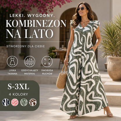 👗 Kombinezon letni z falbanami – 50% ZNIŻKI! OFERTA LIMITOWANA!🌿Geometryczny wzór, szerokie nogawki i zwiewny fason – Dodaje charakteru każdej sylwetce! ☀️💃✨
