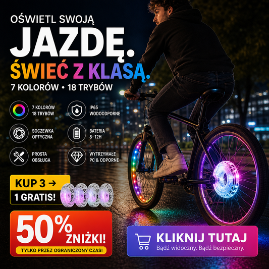 🚲 Kolorowe światło piasty koła roweru – 50% ZNIŻKI! KUP 3 → 1 GRATIS! OFERTA LIMITOWANA!🚴‍♂️✨Zasilane bateryjnie, wodoodporne i łatwe w montażu – dodaje koloru i zwiększa widoczność podczas jazdy nocą. 🔦Twoje koła będą świecić jak nigdy dotąd! 🌈