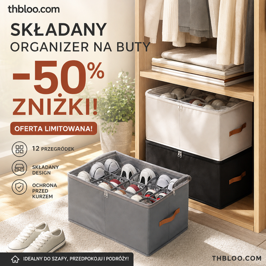 👟 Składany organizer na buty – 50% ZNIŻKI! OFERTA LIMITOWANA!🧺12 przegródek, składany design, ochrona przed kurzem – Oszczędza miejsce, utrzymuje buty w porządku i zabezpiecza je przed zabrudzeniami. 🏠✨