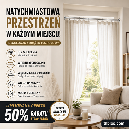 🧺 Regulowany drążek napinający – 50% ZNIŻKI! OFERTA LIMITOWANA!✨💪Montaż bez wiercenia w kilka sekund – idealny do szafy, kuchni, łazienki i balkonu.Pomaga maksymalnie wykorzystać przestrzeń. Porządek w domu bez wysiłku! 🏠