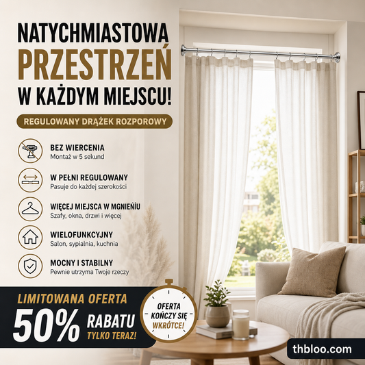 🧺 Regulowany drążek napinający – 50% ZNIŻKI! OFERTA LIMITOWANA!✨💪Montaż bez wiercenia w kilka sekund – idealny do szafy, kuchni, łazienki i balkonu.Pomaga maksymalnie wykorzystać przestrzeń. Porządek w domu bez wysiłku! 🏠