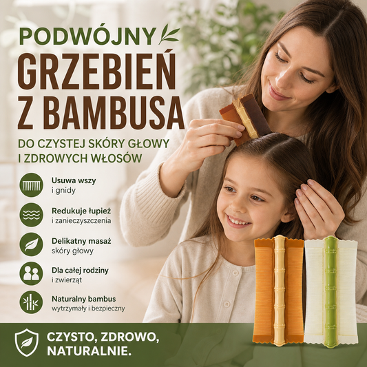 🎉Bambusowy grzebień dwustronny – 50% ZNIŻKI! KUP 1 → 2 GRATIS! OFERTA LIMITOWANA!🎁  Bardzo drobne zęby, naturalny bambus – idealny do usuwania łupieżu, gnid i jaj wszy u dzieci i zwierząt. 🌿✨