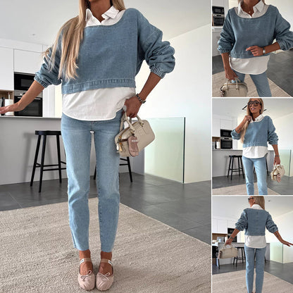 🔥Varmt udsalg - 50% rabat💟Langærmet denimtop og bukser til kvinder, todelt sæt