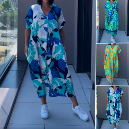👗 Elegantna sukienka z nadrukiem – 50% ZNIŻKI! OFERTA LIMITOWANA! Wzór, dekolt V i luźny, kobiecy krój – idealna na co dzień i na specjalne okazje. Lekka, przewiewna tkanina, styl i wygoda w jednym! ✨🌸