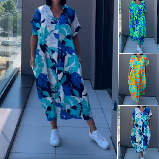 👗 Elegantna sukienka z nadrukiem – 50% ZNIŻKI! OFERTA LIMITOWANA! Wzór, dekolt V i luźny, kobiecy krój – idealna na co dzień i na specjalne okazje. Lekka, przewiewna tkanina, styl i wygoda w jednym! ✨🌸