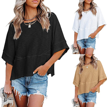 👗 50% ZNIŻKI – OFERTA LIMITOWANA! 💃 Damski luźny T-shirt z rękawami dzwonami – jednolity kolor, łączony fason, który nadaje lekkości i stylu każdej stylizacji! ✨👕