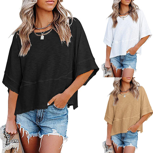 👗 50% ZNIŻKI – OFERTA LIMITOWANA! 💃 Damski luźny T-shirt z rękawami dzwonami – jednolity kolor, łączony fason, który nadaje lekkości i stylu każdej stylizacji! ✨👕