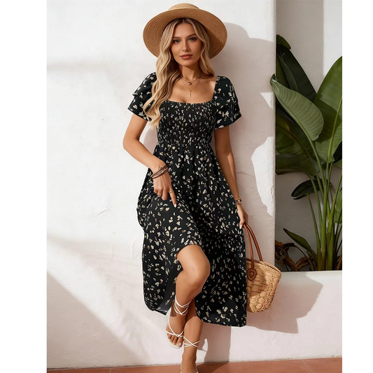 👗 Sukienka midi w kwiaty – 50% ZNIŻKI! OFERTA LIMITOWANA!☀️💃 Kwadratowy dekolt, delikatne marszczenia i kwiatowy wzór – idealna na lato, wesela i codzienne stylizacje. Styl bez wysiłku na każdą okazję! 🌸