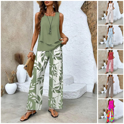 🌺50% ZNIŻKI! OFERTA LIMITOWANA!—👗 Damskie modne 2-częściowe stroje bez rękawów top i spodnie z nadrukiem☀️