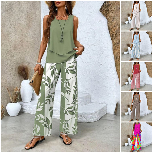 🌺50% ZNIŻKI! OFERTA LIMITOWANA!—👗 Damskie modne 2-częściowe stroje bez rękawów top i spodnie z nadrukiem☀️