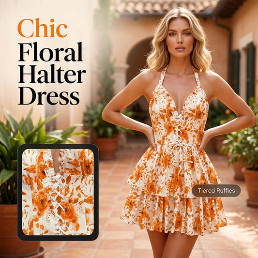 🌸👗 Sukienka mini z nadrukiem – 50% ZNIŻKI! OFERTA LIMITOWANA! Wiązany dekolt halter, modny nadruk, zwiewny krój – idealna na lato, plażę i letnie imprezy! ☀️💃