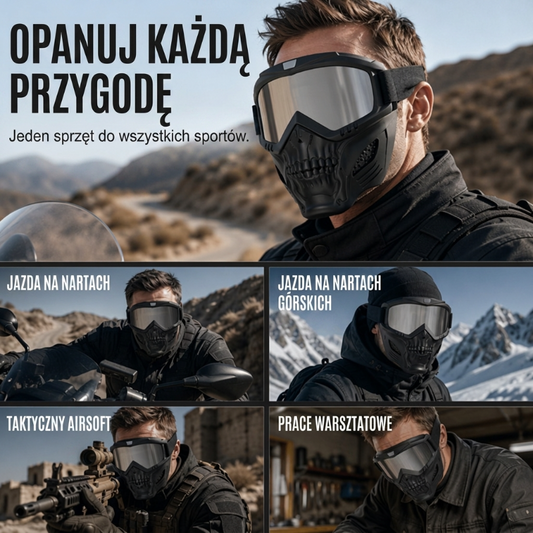 🛵 Gogle motocyklowe czaszka – 50% ZNIŻKI! KUP 2 → 1 GRATIS! OFERTA 💨✨LIMITOWANA!Cyberpunkowy styl, odpinana maska na twarz, wygodne i stabilne – Chronią przed wiatrem i kurzem, dodają charakteru każdej trasie! 🏍️💀