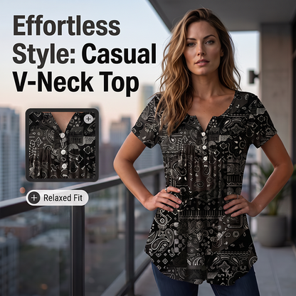 👕 Bluzka plus size z dekoltem V – 50% ZNIŻKI! OFERTA LIMITOWANA!💃✨Elegancki wzór paisley, luźny krój i dekolt V z guzikami – Lekka, przewiewna i stylowa, pasuje do każdej sylwetki. Twój codzienny must-have! 🌸☀️