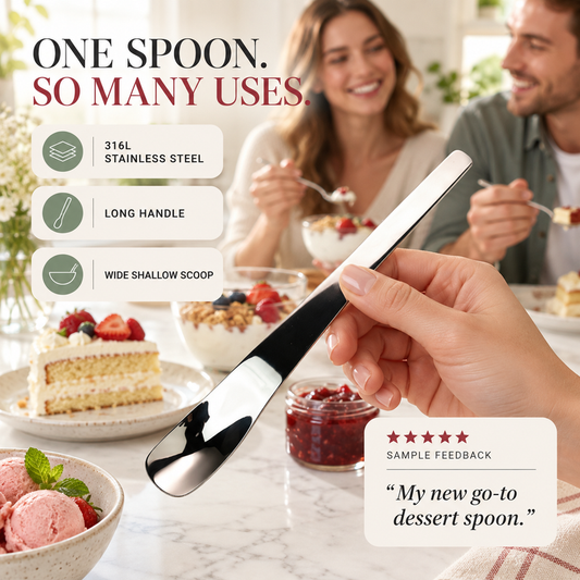 🥄 Łyżeczka deserowa ze stali 316 – 50% ZNIŻKI! OFERTA LIMITOWANA!💪 Długa rączka, stal nierdzewna 316 – trwała, odporna na rdzę i elegancka. Idealna do deserów, kawy i codziennego użytku! ✨